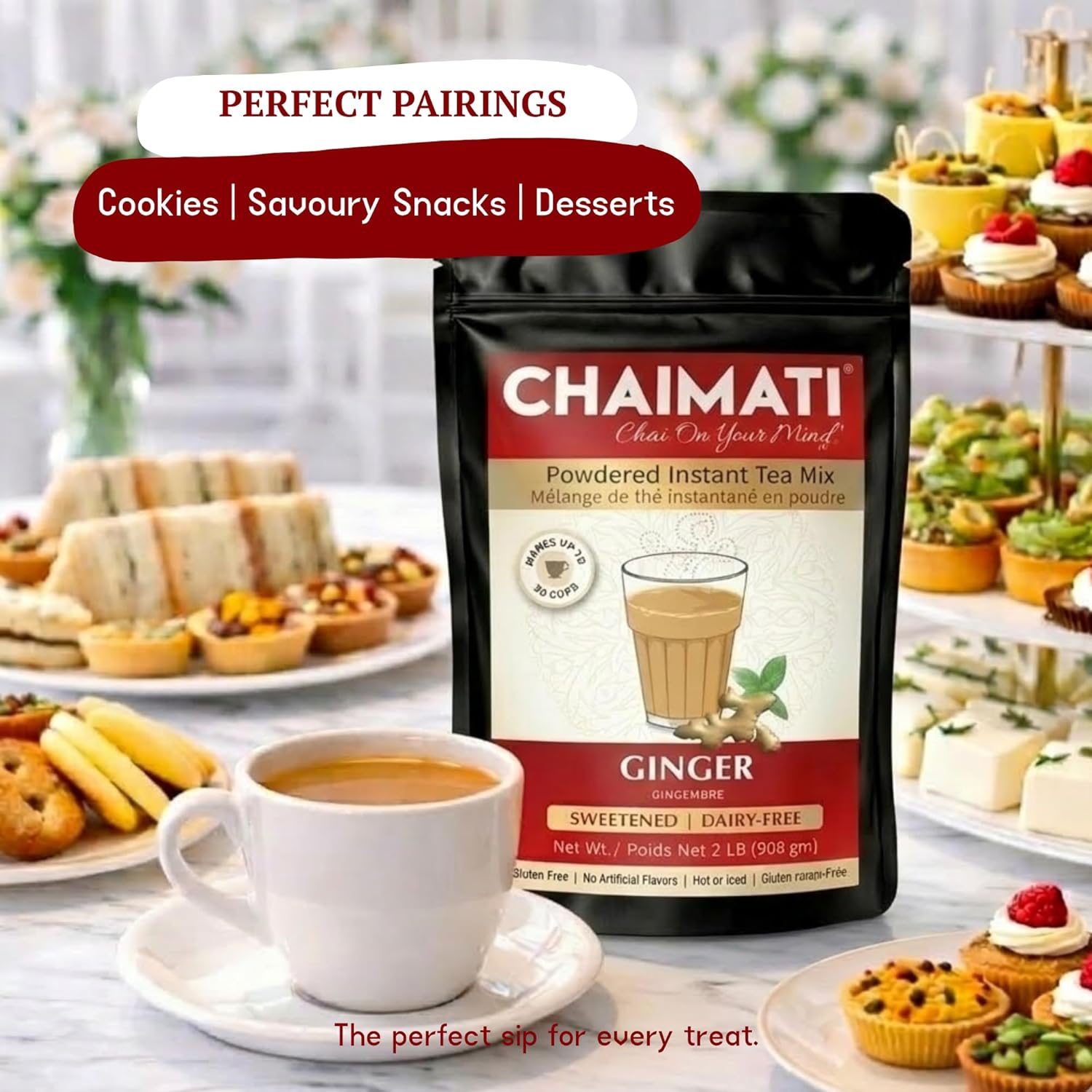 Chaimati Ginger Dairy-Free Chai Mix, 2 LB (908 gm) | Sweetened, Vegan, Gluten Free | Instant Powdered Tea, Makes 30 Cups | Natural Adrak Ginger Flavor | No Artificial Flavors | Ready in Seconds | Hot or Iced