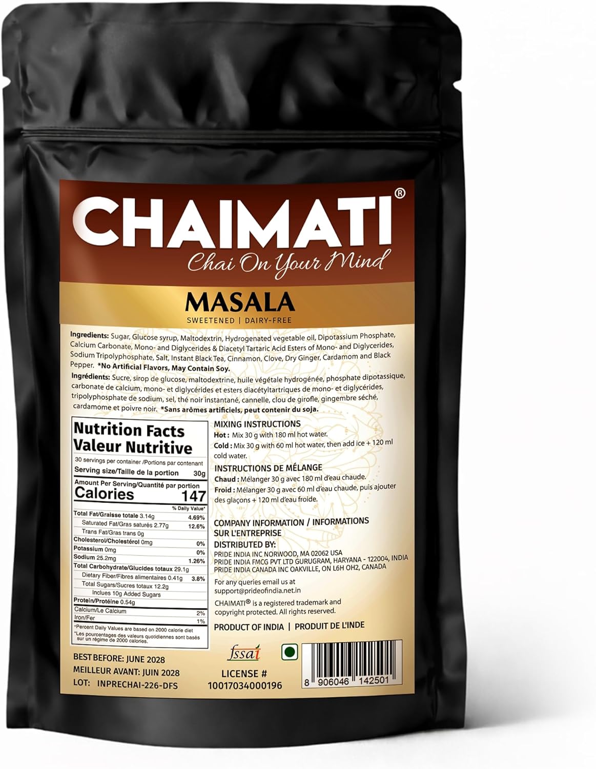 Chaimati Masala Dairy-Free Instant Chai Mix, 2 LB (908 gm) | Sweetened, Vegan Friendly, Gluten Free | Powdered Tea, Makes 30 Cups | Cinnamon, Ginger, Cardamom | Ready in Seconds | Hot or Iced