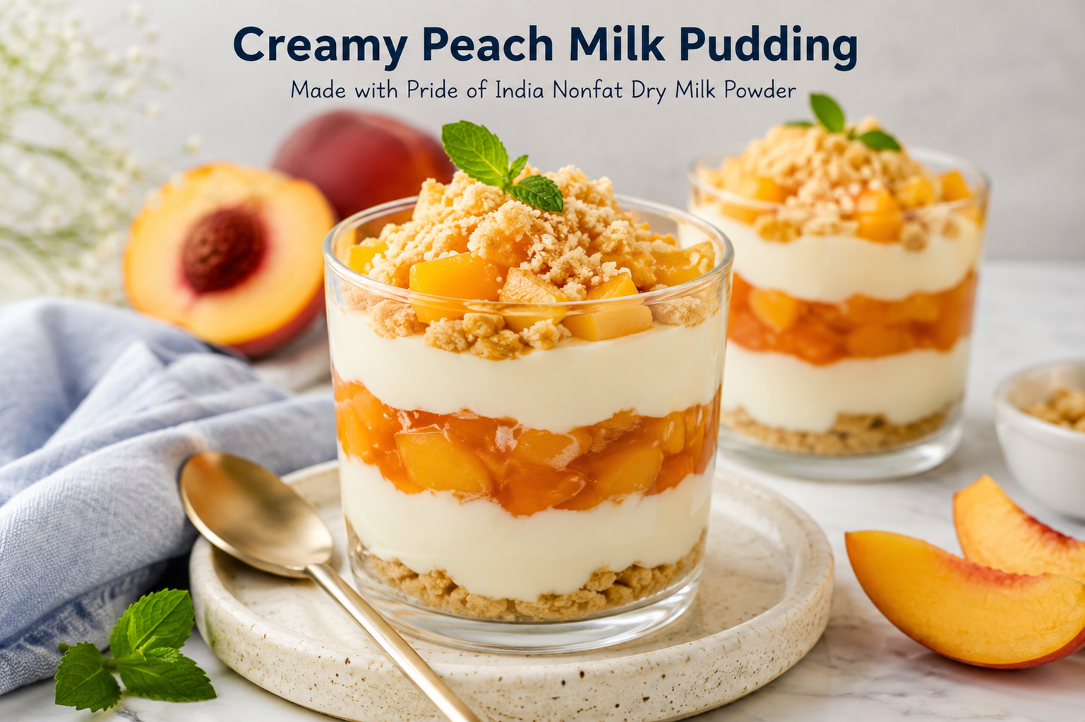 Creamy peach milk pudding cups made with Pride of India Nonfat Dry Milk Powder