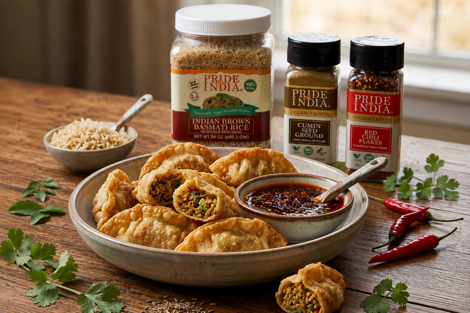Crispy Rice Paper Dumplings with Spiced Vegetable & Rice Filling