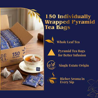 Pride of India Darjeeling Amber Black Tea - 150 Individually Wrapped Full Leaf Pyramid Tea Bags | Bulk Pack for Food Service, Restaurants, Cafes, Hotels, Offices & Daily Tea Drinkers