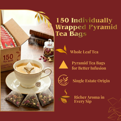 Pride of India Jasmine Rose White Tea - 150 Individually Wrapped Full Leaf Pyramid Tea Bags | Floral White Tea Bulk Pack for Food Service, Cafes, Hotels, Offices & Daily Tea Drinkers