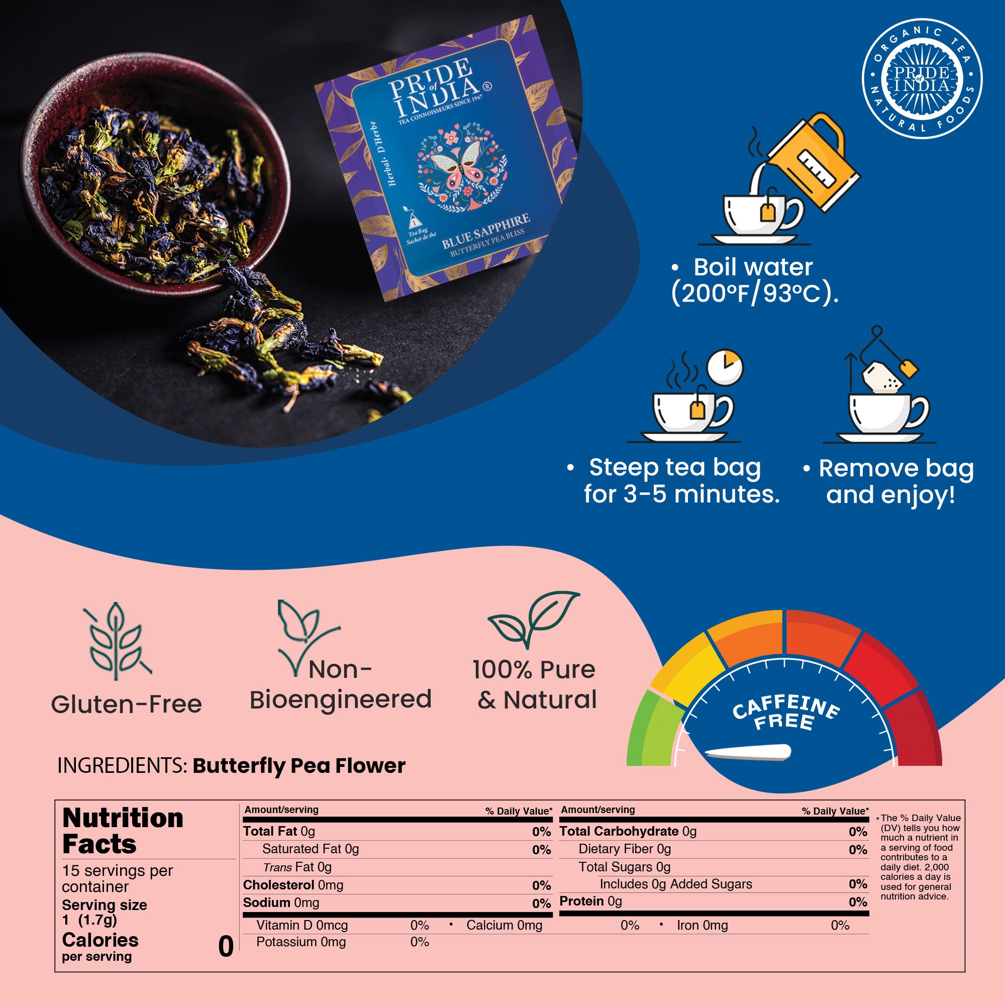 Blue Sapphire - Butterfly Pea Bliss Tea Bags - Pride Of India