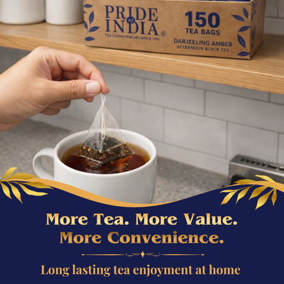 Pride of India Darjeeling Amber Black Tea - 150 Individually Wrapped Full Leaf Pyramid Tea Bags | Bulk Pack for Food Service, Restaurants, Cafes, Hotels, Offices & Daily Tea Drinkers