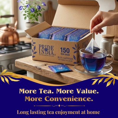 Pride of India Blue Sapphire Herbal Tea - 150 Individually Wrapped Full Leaf Pyramid Tea Bags | Butterfly Pea Flower Tea Bulk Pack for Food Service, Cafes, Hotels, Offices & Daily Tea Drinkers