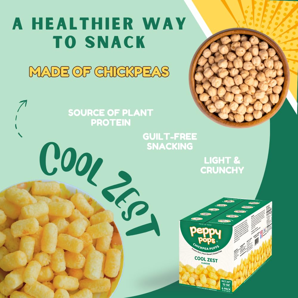 Peppy Pops Chickpea Puffs Cool Zest Flavor - 6 Pack, 12 oz | Refreshing Mint Flavored High Protein Snacks | Healthy Alternative to Chips and Better-for-You Crunchy Snack with 6g Protein Per Bag
