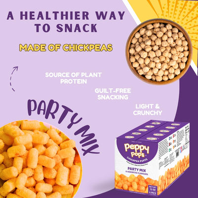 Peppy Pops Chickpea Puffs Party Mix Variety Pack - 6 Pack, 12 oz | 6 Assorted Flavors High Protein Crunchy Snacks | Includes Cheese, BBQ, Schezwan, Pizza, Mint & Masala Flavors | 6g Protein Per Bag