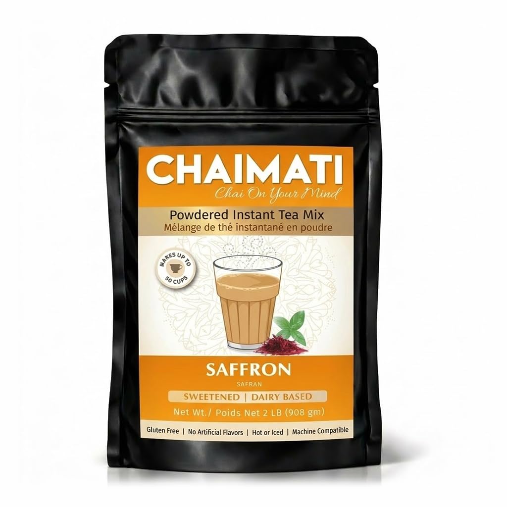 Chaimati Saffron Instant Tea Mix, 2 LB (908 gm) | Powdered Chai, Makes 50 Cups, Ready in Seconds | Sweetened, Dairy Based, Gluten Free | Natural Saffron Flavor | No Artificial Flavors | Hot or Iced
