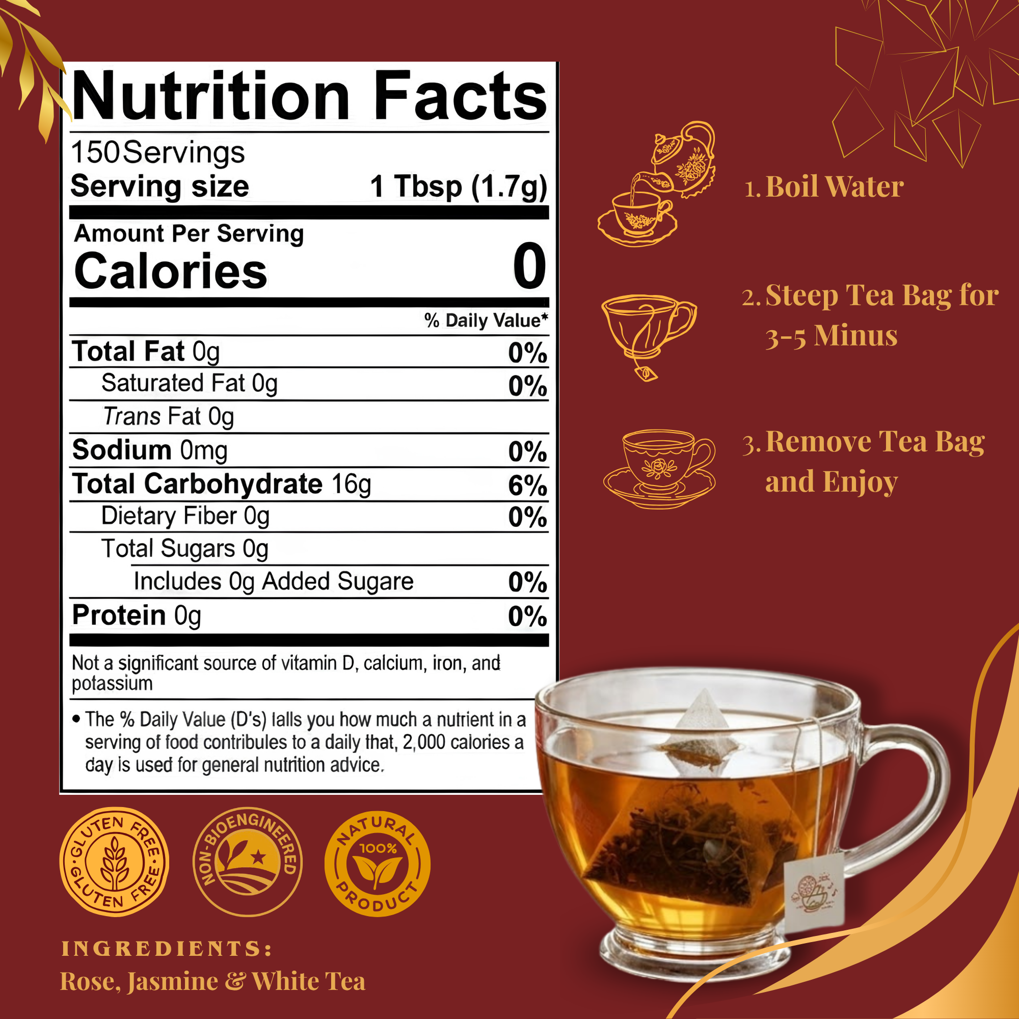 Pride of India Jasmine Rose White Tea - 150 Individually Wrapped Full Leaf Pyramid Tea Bags | Floral White Tea Bulk Pack for Food Service, Cafes, Hotels, Offices & Daily Tea Drinkers
