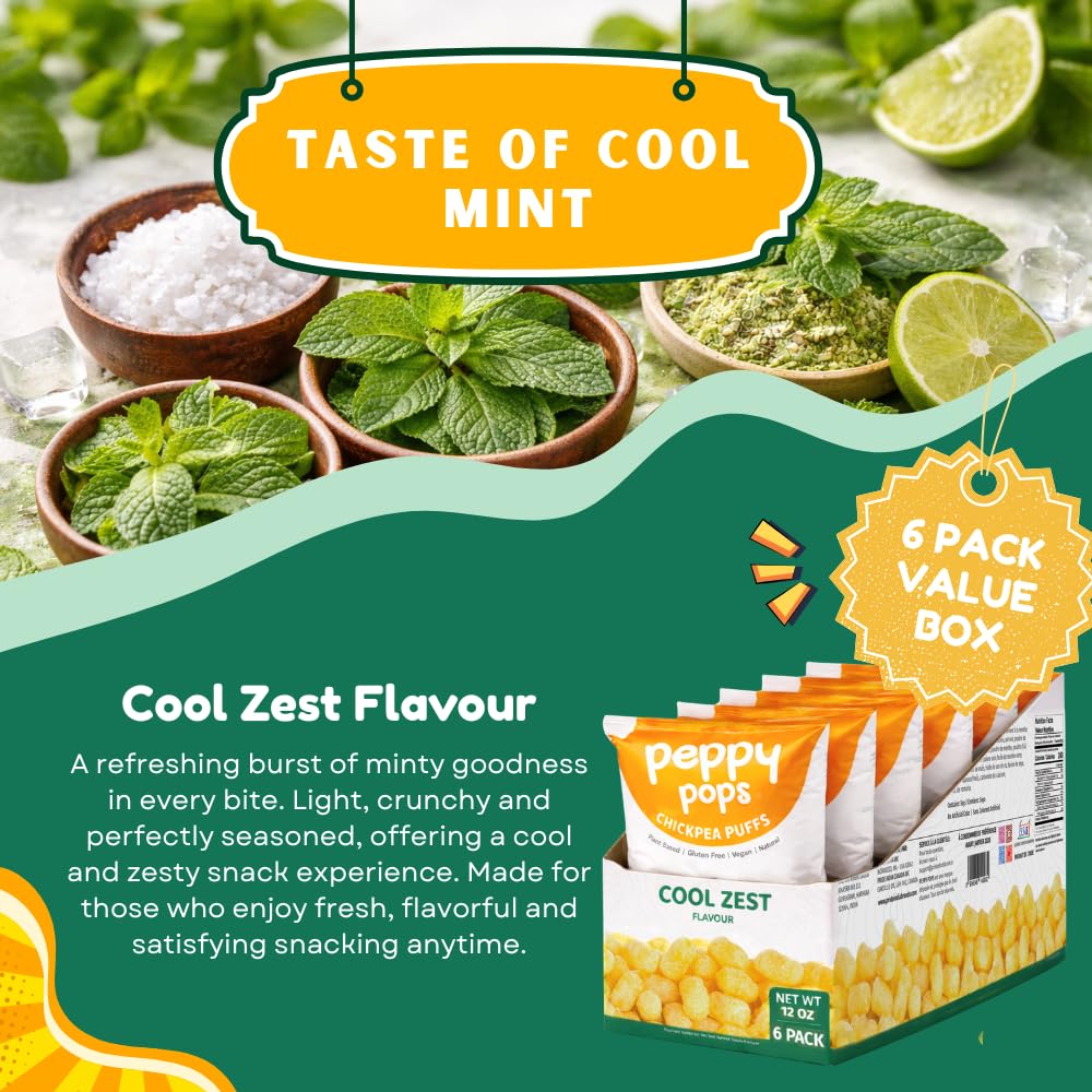 Peppy Pops Chickpea Puffs Cool Zest Flavor - 6 Pack, 12 oz | Refreshing Mint Flavored High Protein Snacks | Healthy Alternative to Chips and Better-for-You Crunchy Snack with 6g Protein Per Bag
