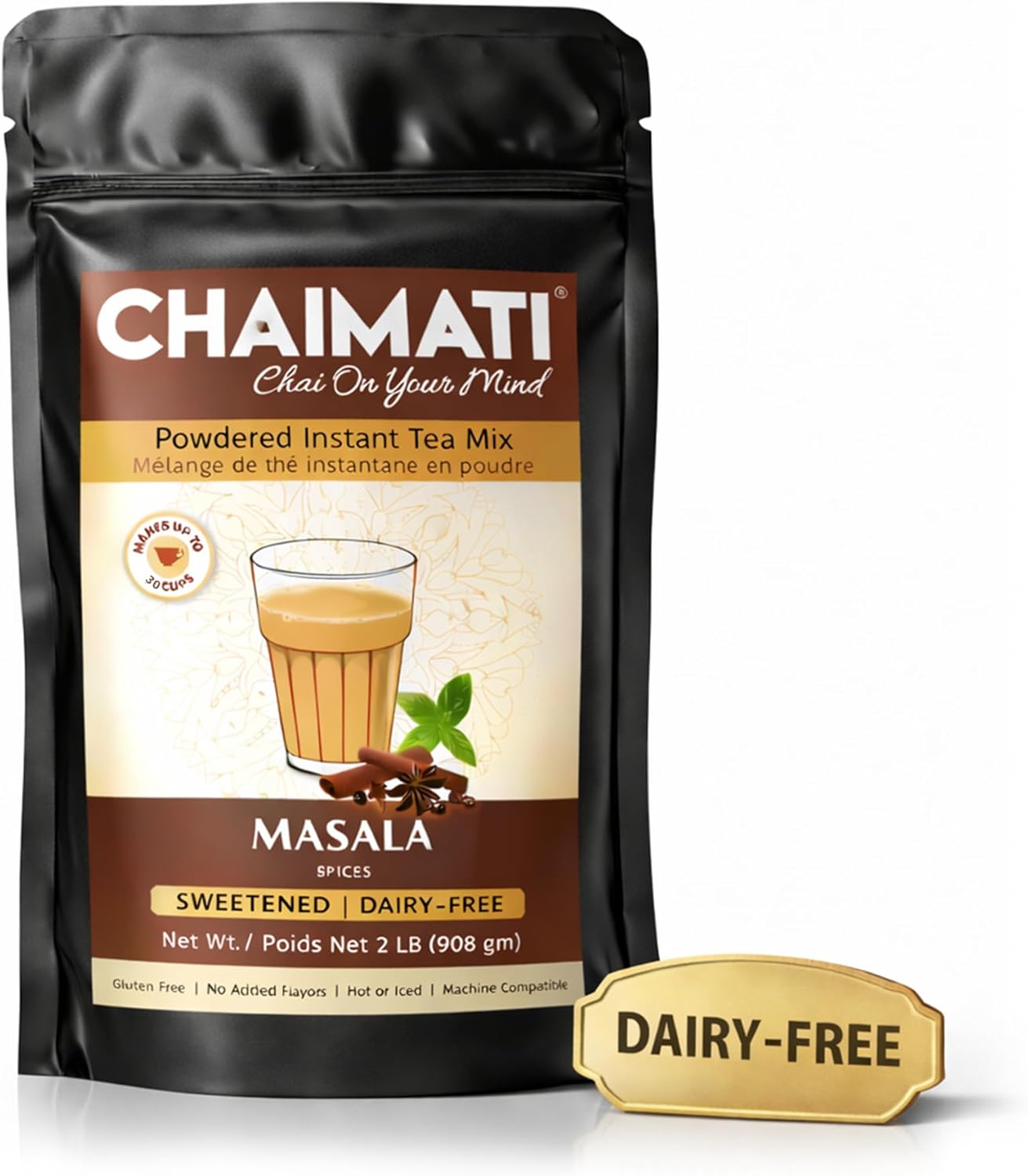 Chaimati Masala Dairy-Free Instant Chai Mix, 2 LB (908 gm) | Sweetened, Vegan Friendly, Gluten Free | Powdered Tea, Makes 30 Cups | Cinnamon, Ginger, Cardamom | Ready in Seconds | Hot or Iced