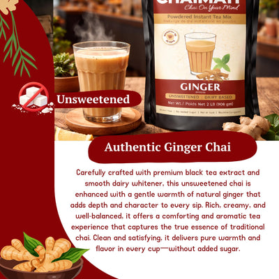 Chaimati Unsweetened Ginger Chai Mix, 2 LB (908 gm) | No Added Sugar, Gluten Free, Dairy Based | Instant Powdered Tea, Makes 75 Cups | Natural Ginger Flavor | Ready in Seconds | Ht or Iced