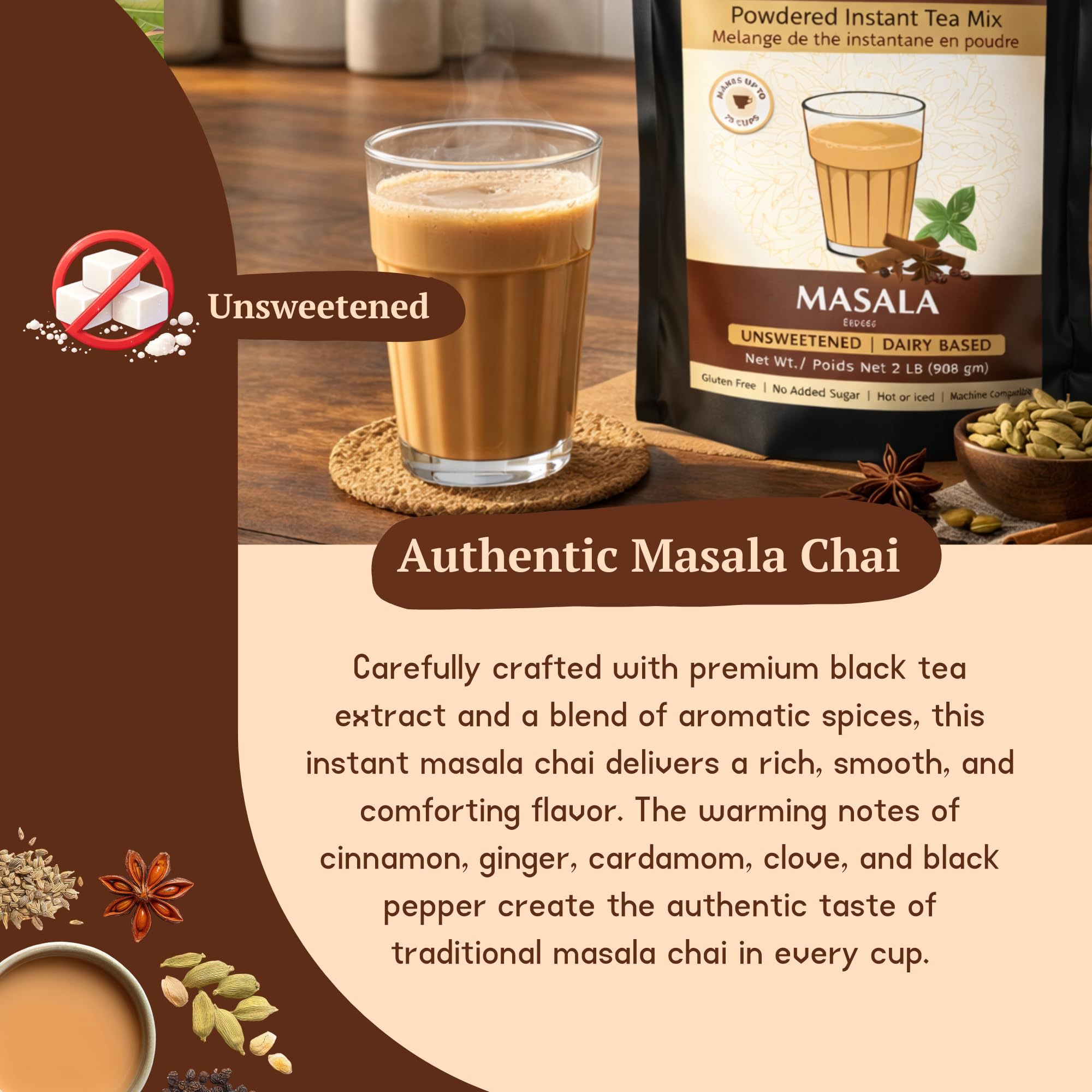 Chaimati Unsweetened Masala Chai Mix, 2 LB (908 gm) | No Added Sugar, Gluten Free, Dairy Based | Instant Powdered Tea, Makes 75 Cups | Cinnamon, Ginger, Cardamom | Ready in Seconds | Hot or Iced
