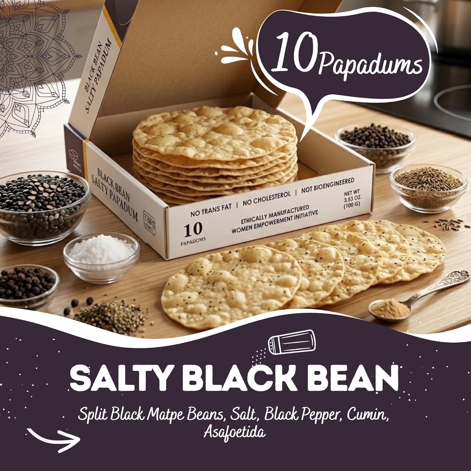 Salty Black Bean Namkeen Papadum Lentil Crisp