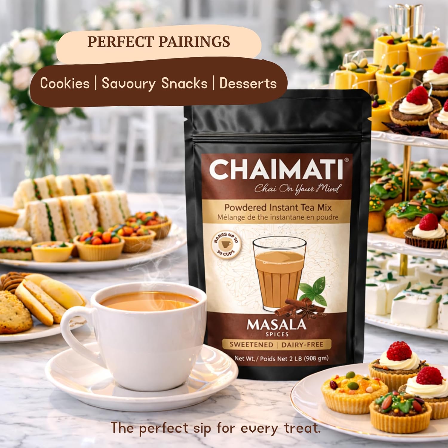 Chaimati Masala Dairy-Free Instant Chai Mix, 2 LB (908 gm) | Sweetened, Vegan Friendly, Gluten Free | Powdered Tea, Makes 30 Cups | Cinnamon, Ginger, Cardamom | Ready in Seconds | Hot or Iced