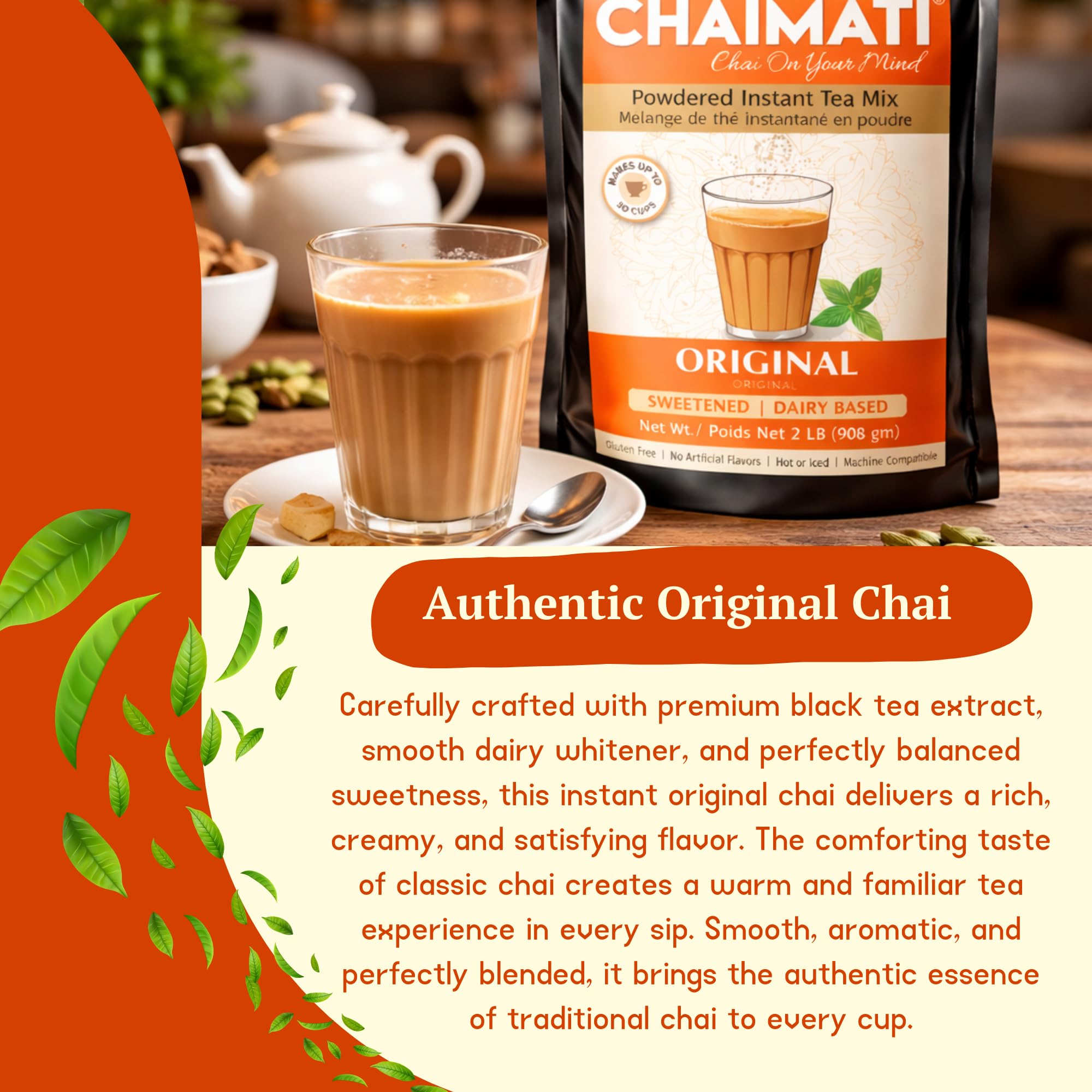 Chaimati Original Instant Chai Mix, 2 LB (908 gm) | Sweetened, Dairy Based, Gluten Free, No Artificial Flavors | Powdered Tea, Makes 50 Cups, Ready in Seconds | Authentic Creamy Chai | Hot or Iced