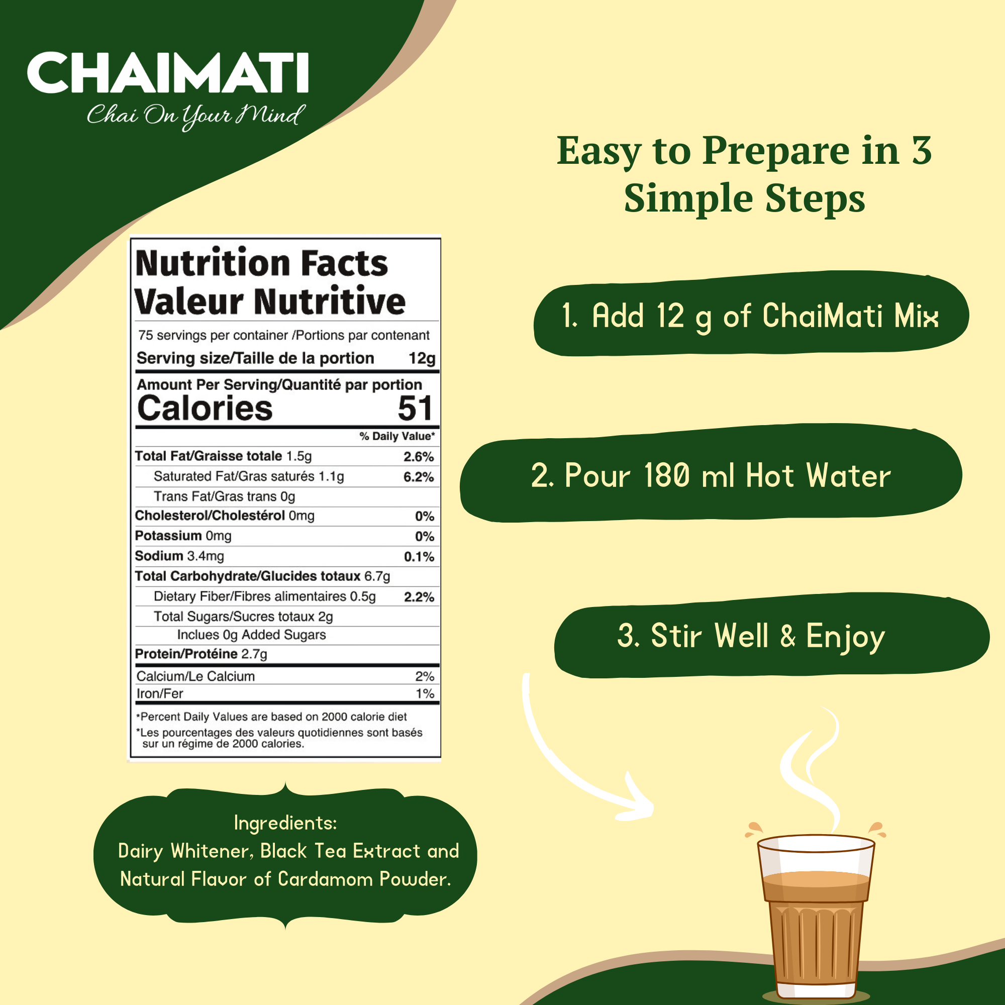 CHAIMATI Unsweetened Instant Cardamom Chai Latte Premix - 2 lb