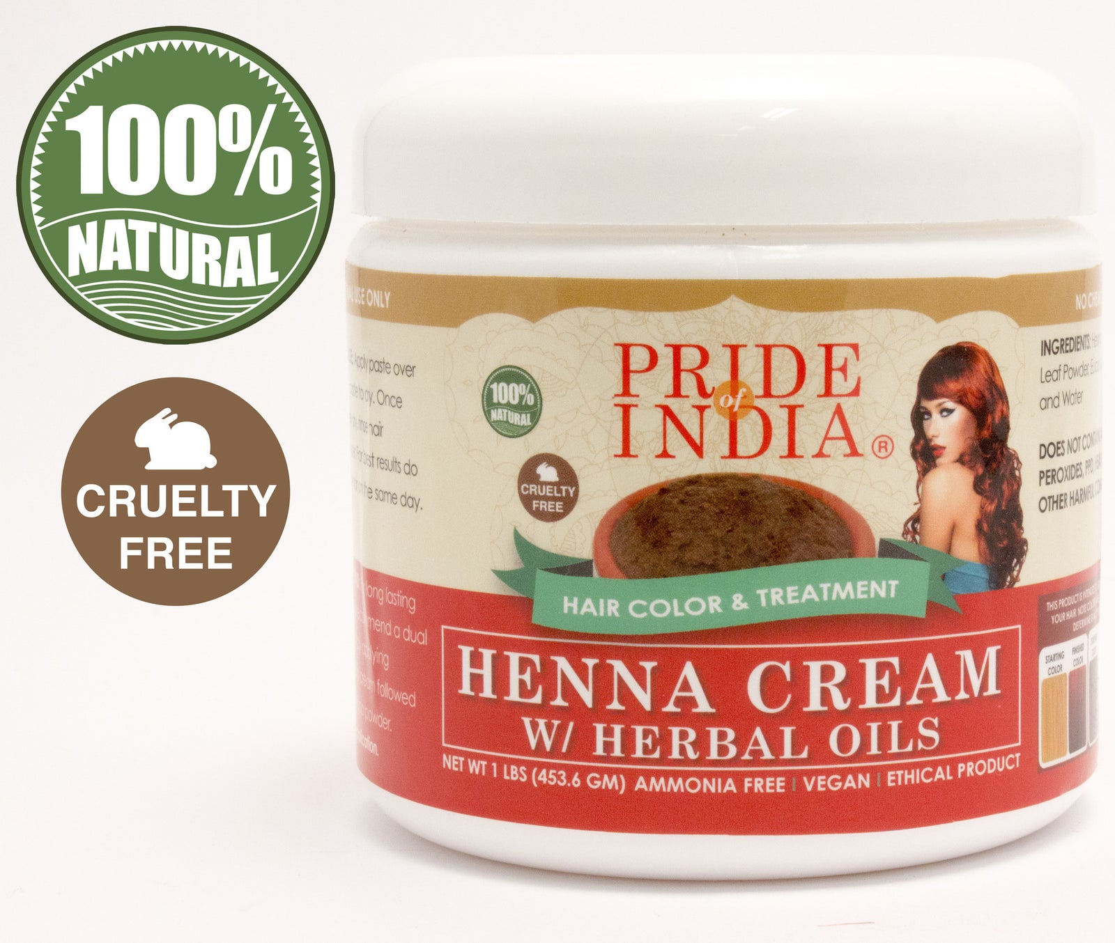 Herbal Henna Hair Color Cream - 100% Natural, 1 Pound (16oz - 454gm) Jar - Pride Of India