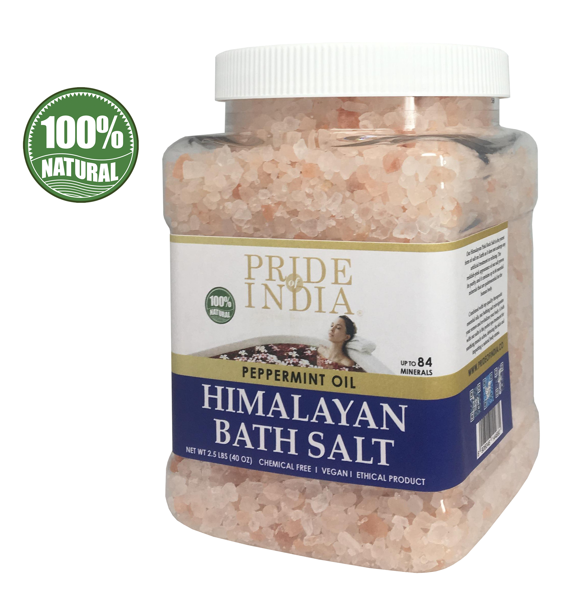 Himalayan Pink Bathing Salt - Enriched w/ Peppermint Oil and 84+ Minerals, 2.5 Pound (40oz) Jars - Pride Of India